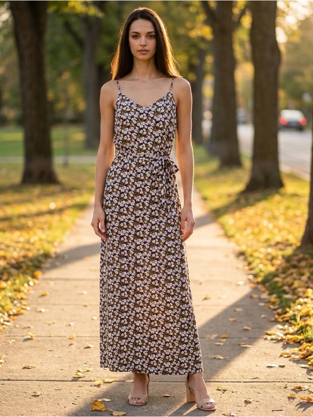 Goldie Floral Slip Maxi Dress Small Waist Tie Side Slits Boho